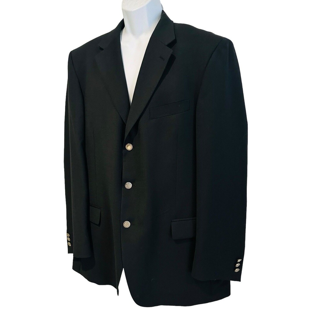 Emanuel Ungaro Mens Blazer Suit Coat Black Wool 44L Long Silver Tone Buttons‎